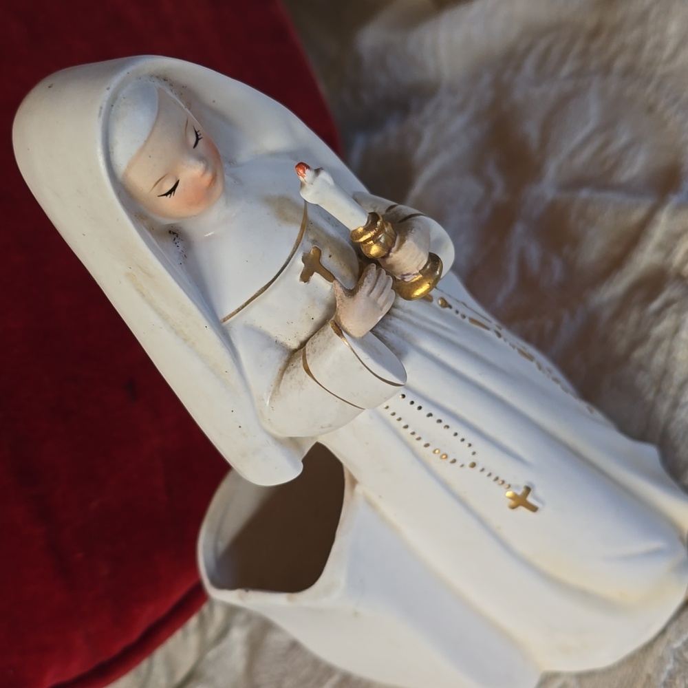 Relpo 50s 60s Nun Candle Ceramic Planter Vase Vessel Vintage Religious Rosary - Picture 4 of 7